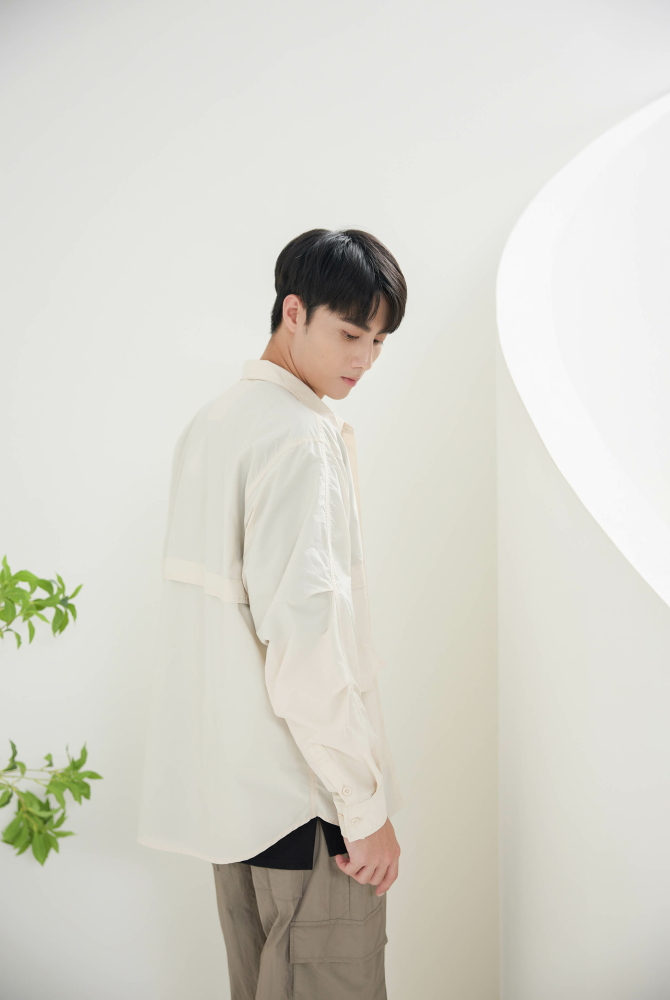 셔츠 多口袋長袖上衣/米白色