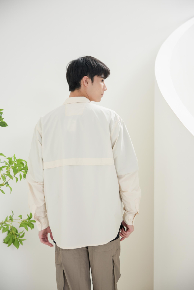 셔츠 多口袋長袖上衣/米白色