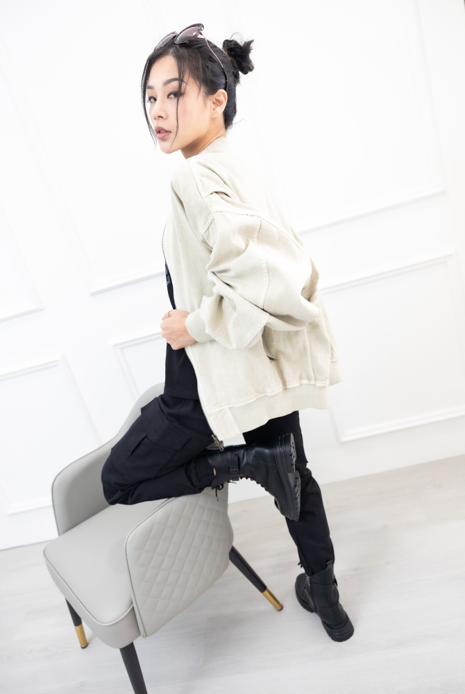 코트 立領羅紋長袖外套／米白色