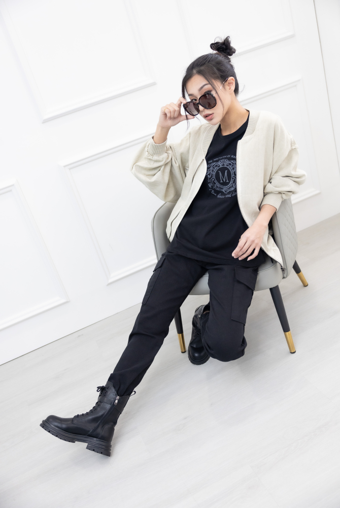 코트 立領羅紋長袖外套／米白色