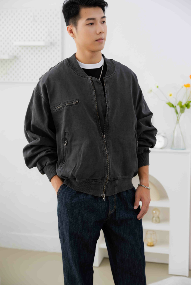 코트 立領羅紋長袖外套／深灰色