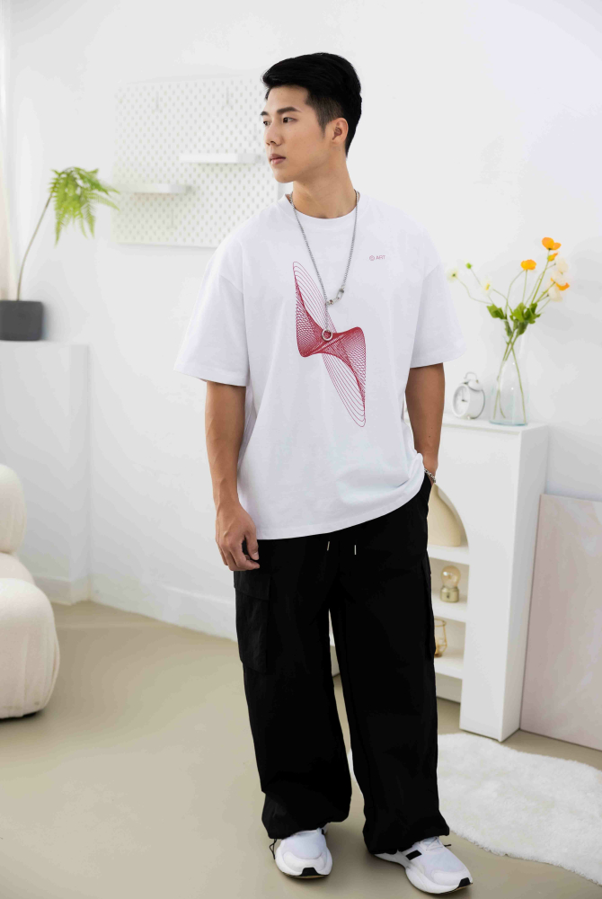 반팔 螺旋線條落肩短袖上衣／白色