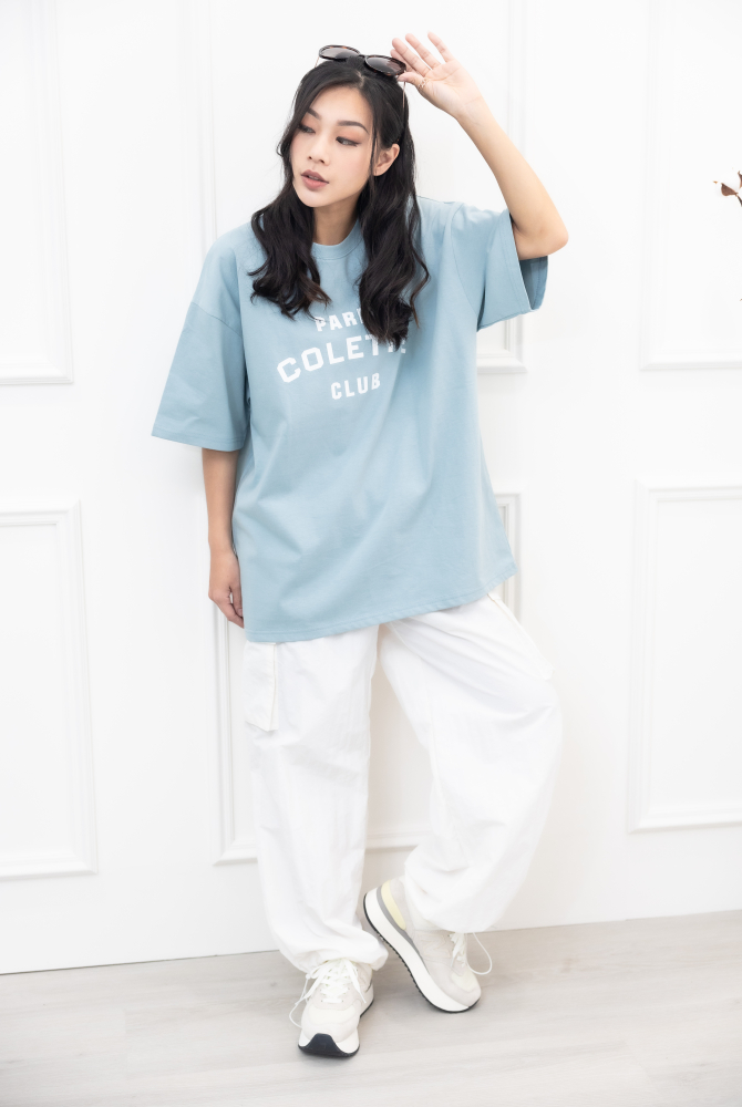 반팔 Colette Club 淺藍落肩短袖上衣