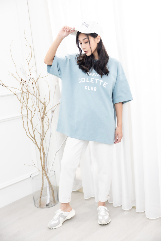 반팔 Colette Club 淺藍落肩短袖上衣