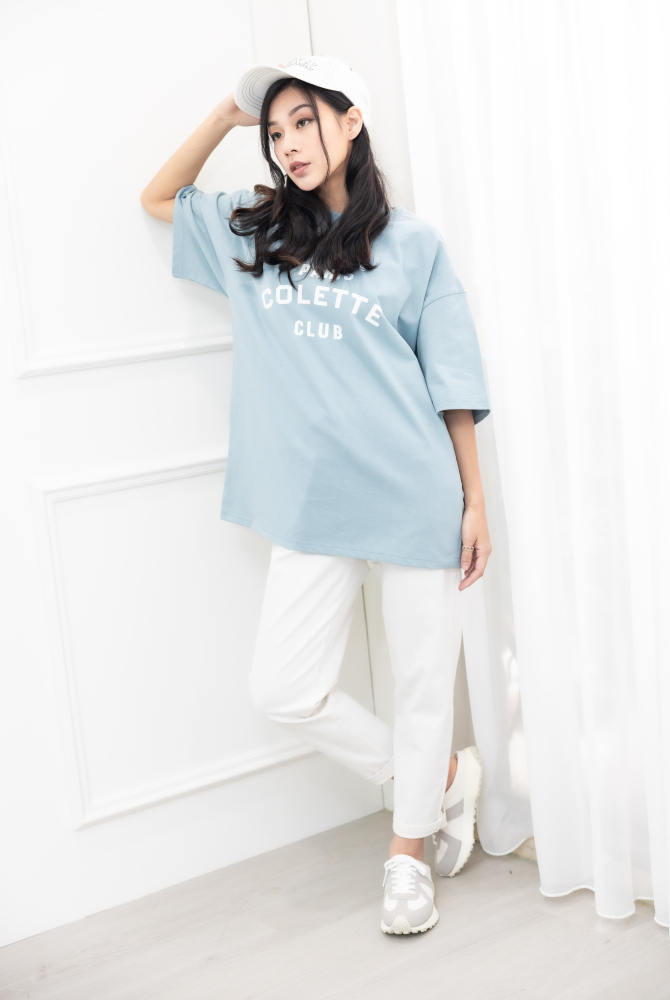 반팔 Colette Club 淺藍落肩短袖上衣