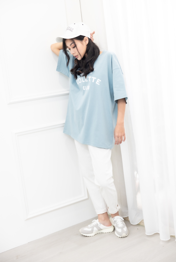 반팔 Colette Club 淺藍落肩短袖上衣