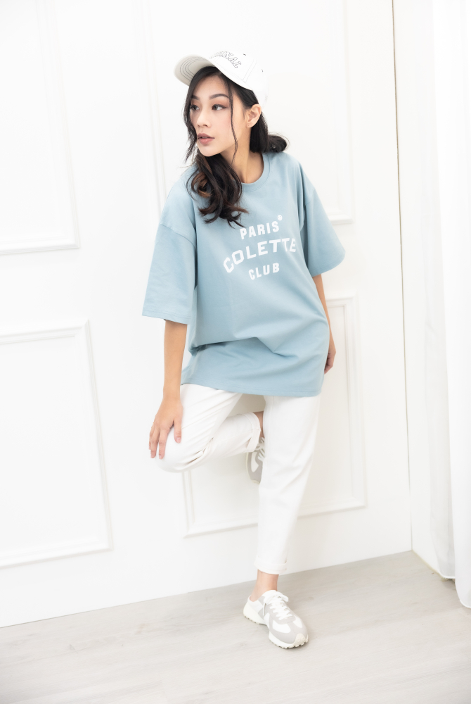 반팔 Colette Club 淺藍落肩短袖上衣