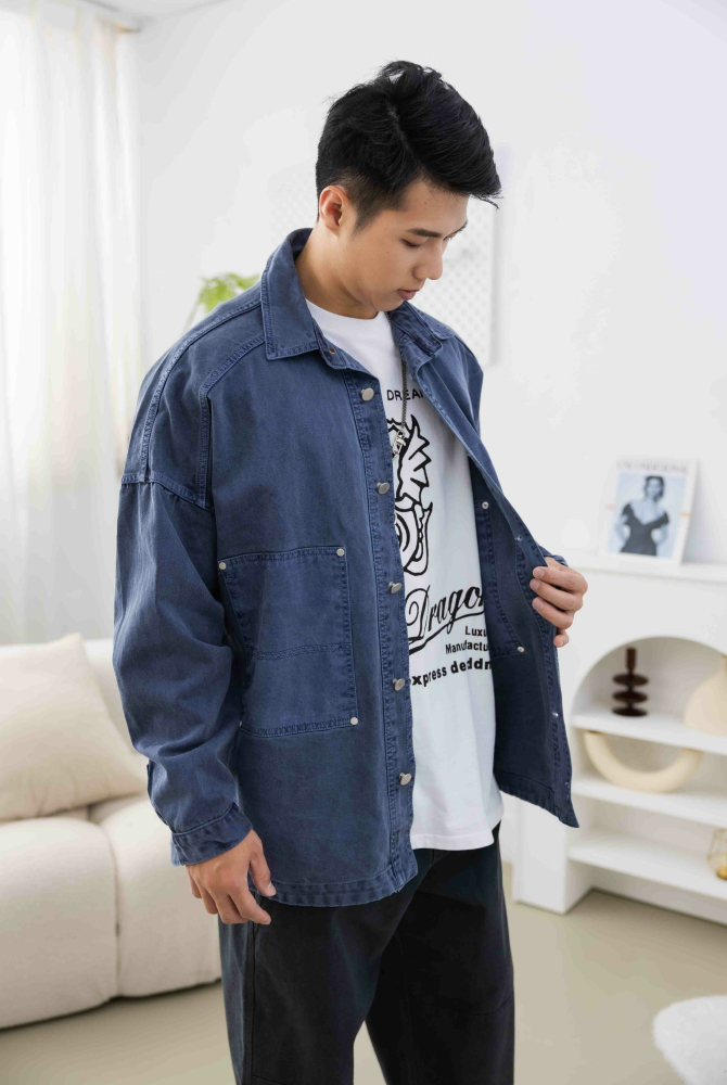 코트 圓弧下擺牛仔長袖外套／藍灰色