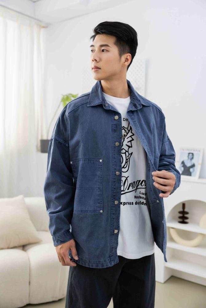 코트 圓弧下擺牛仔長袖外套／藍灰色