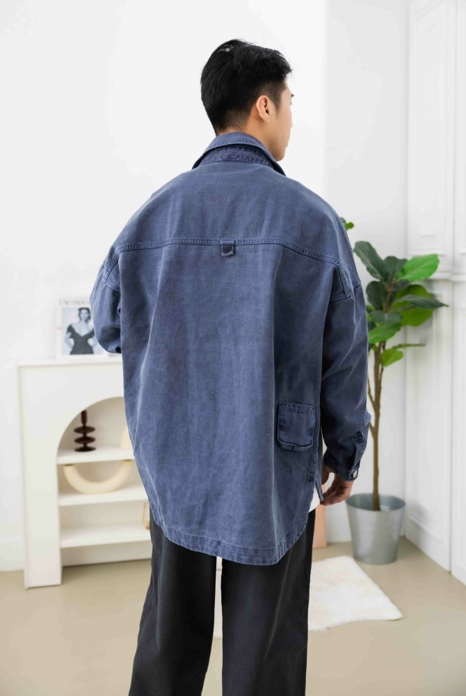 코트 圓弧下擺牛仔長袖外套／藍灰色