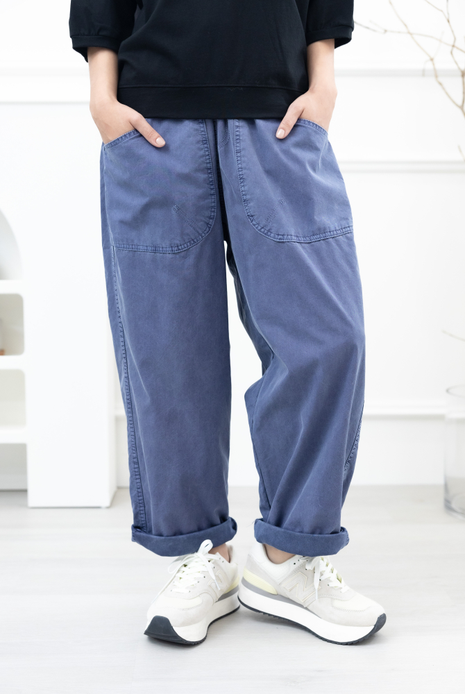 긴 바지 寬版直筒長褲／海軍藍色