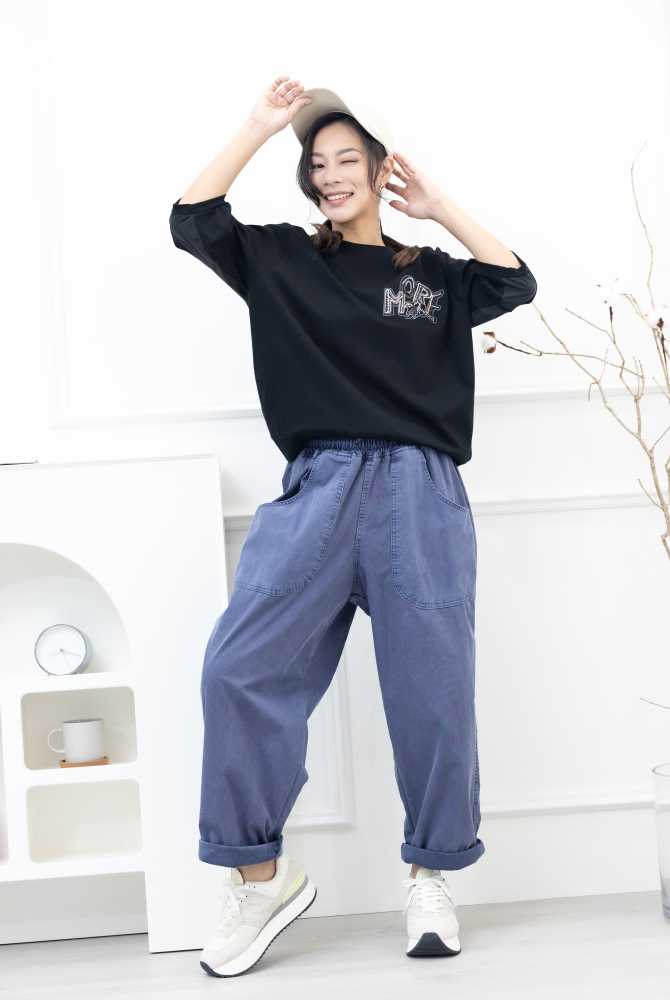 긴 바지 寬版直筒長褲／海軍藍色