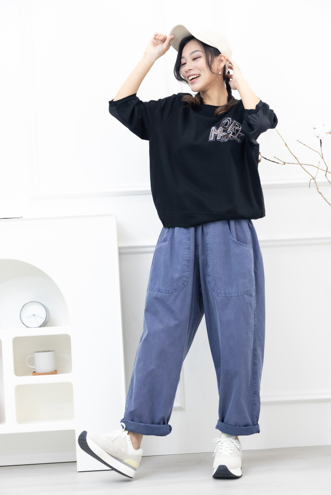 긴 바지 寬版直筒長褲／海軍藍色