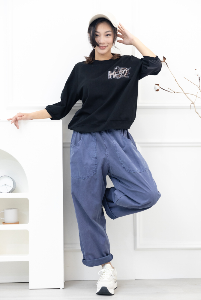 긴 바지 寬版直筒長褲／海軍藍色