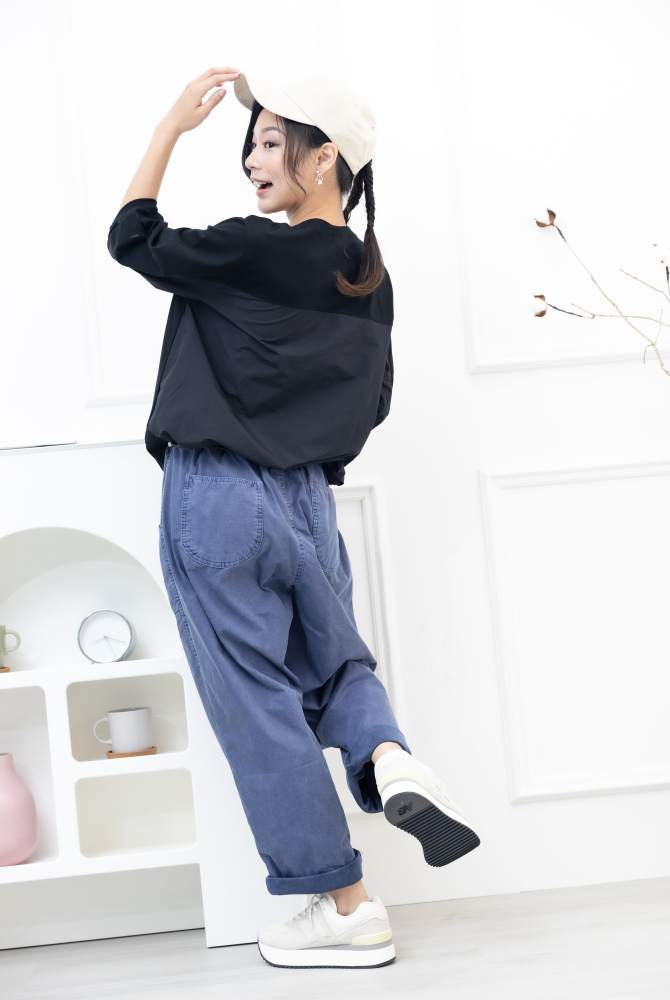 긴 바지 寬版直筒長褲／海軍藍色