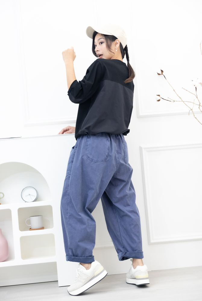 긴 바지 寬版直筒長褲／海軍藍色