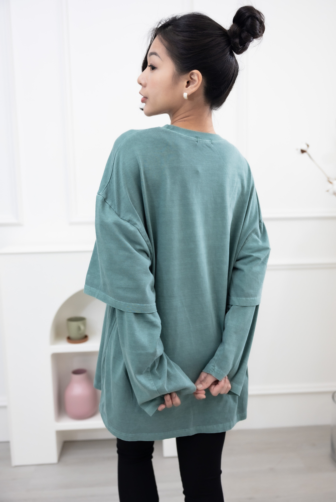 긴팔 假兩件長袖上衣／綠色