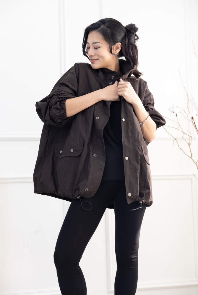 코트 釘釦長袖外套／深咖色