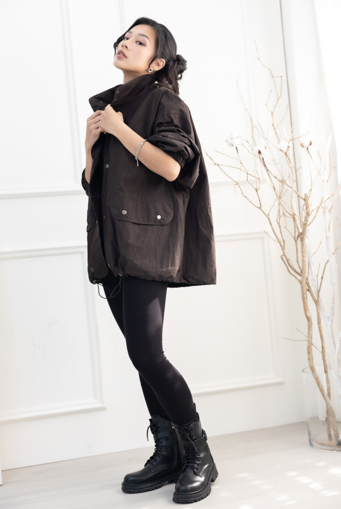 코트 釘釦長袖外套／深咖色