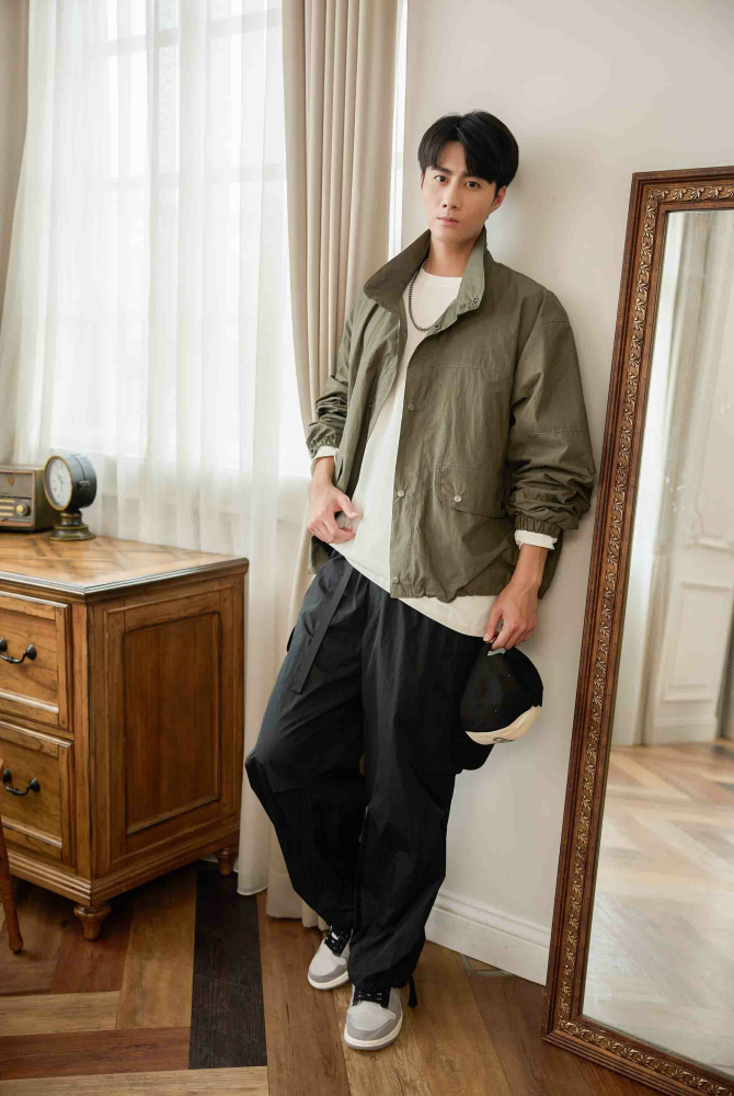 코트 釘釦長袖外套／灰綠色