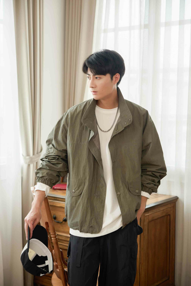 코트 釘釦長袖外套／灰綠色