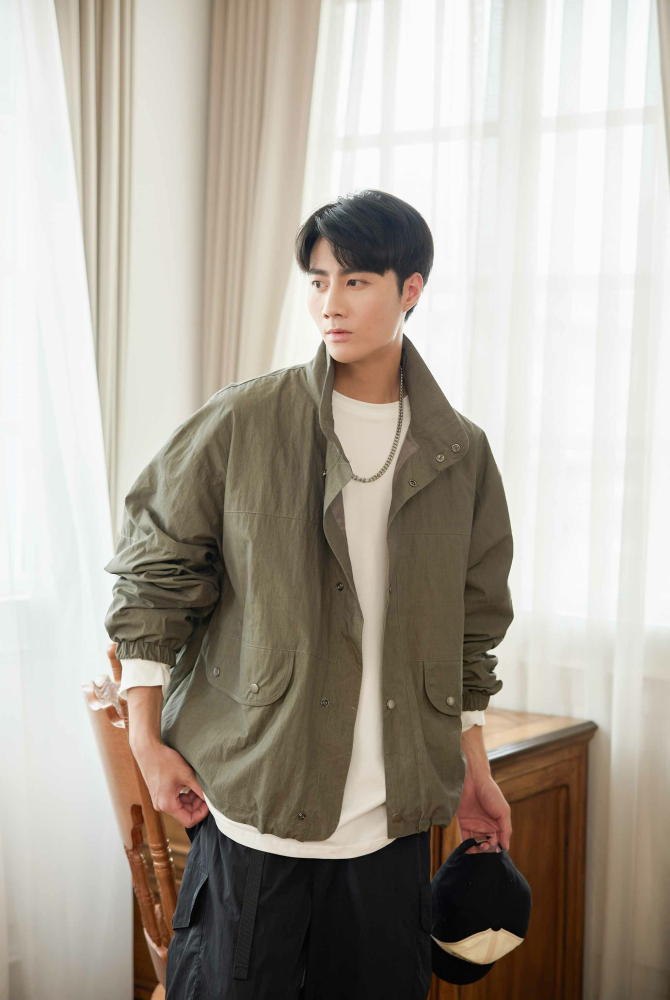 코트 釘釦長袖外套／灰綠色