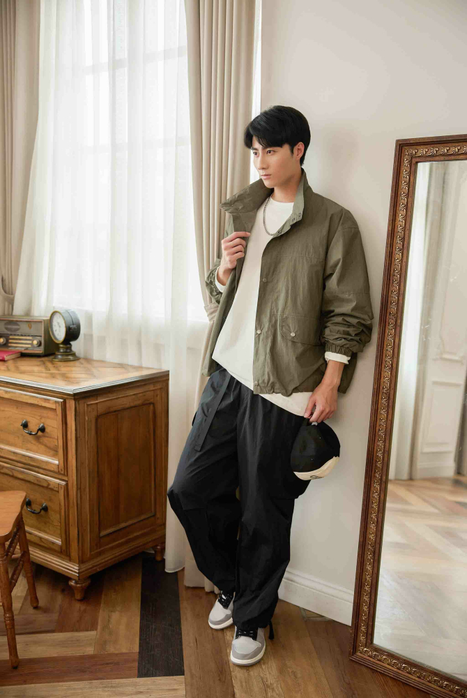 코트 釘釦長袖外套／灰綠色