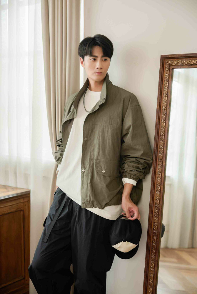 코트 釘釦長袖外套／灰綠色