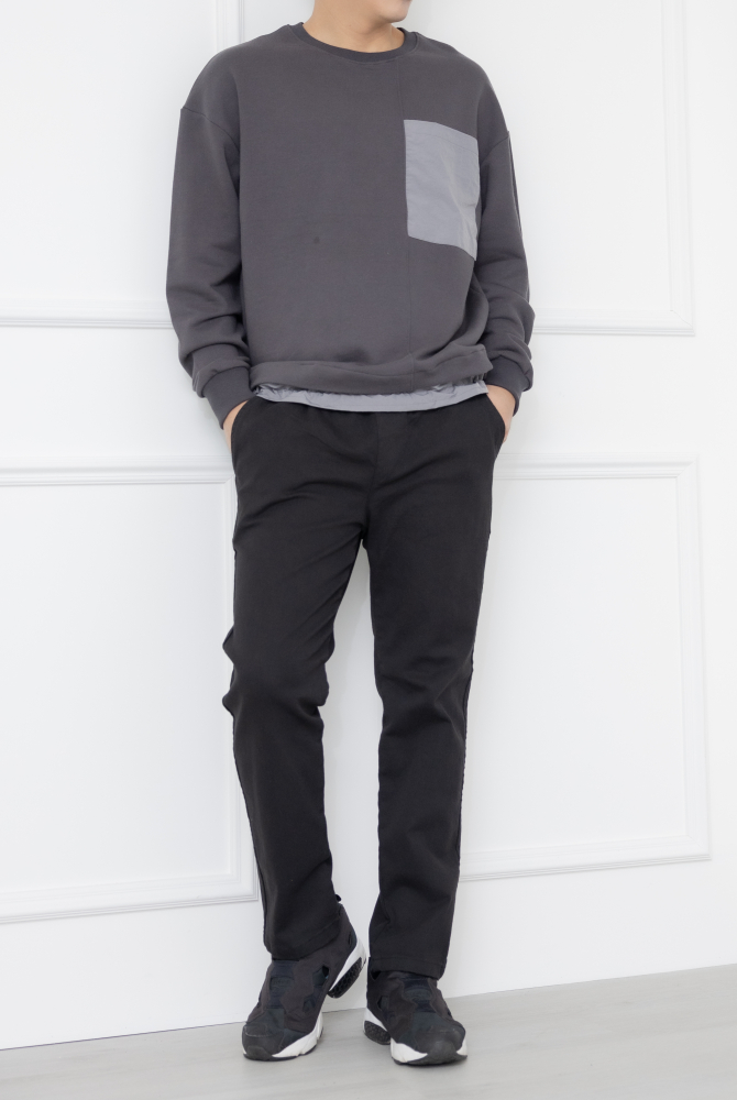 코트 下擺拼接圓領長袖上衣／灰色