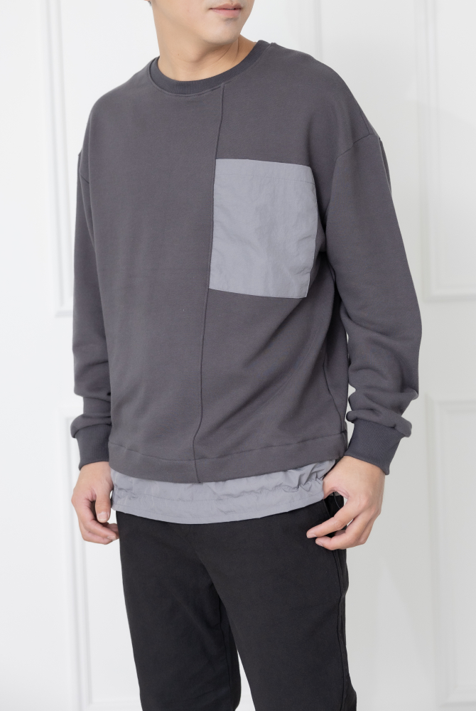 코트 下擺拼接圓領長袖上衣／灰色