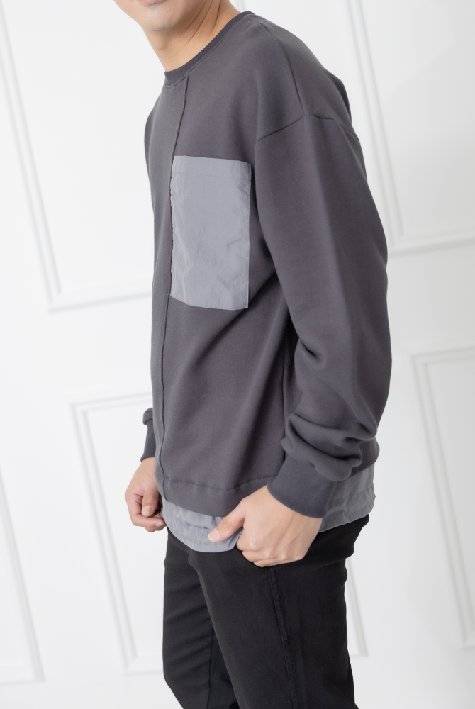 코트 下擺拼接圓領長袖上衣／灰色