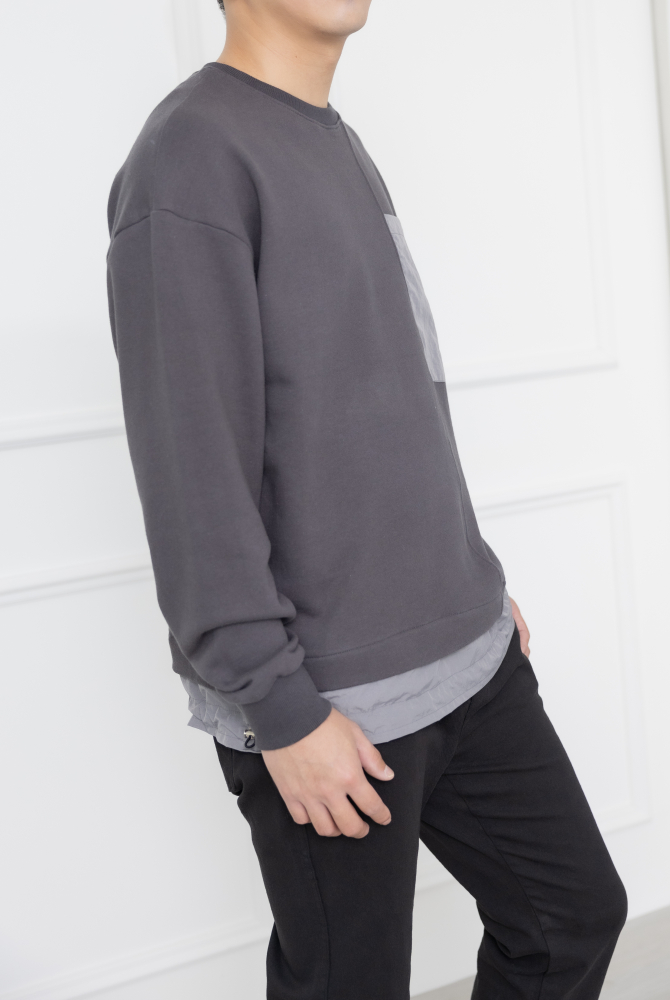 코트 下擺拼接圓領長袖上衣／灰色