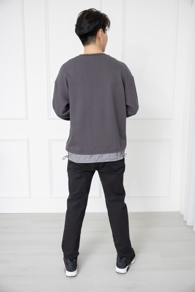 코트 下擺拼接圓領長袖上衣／灰色