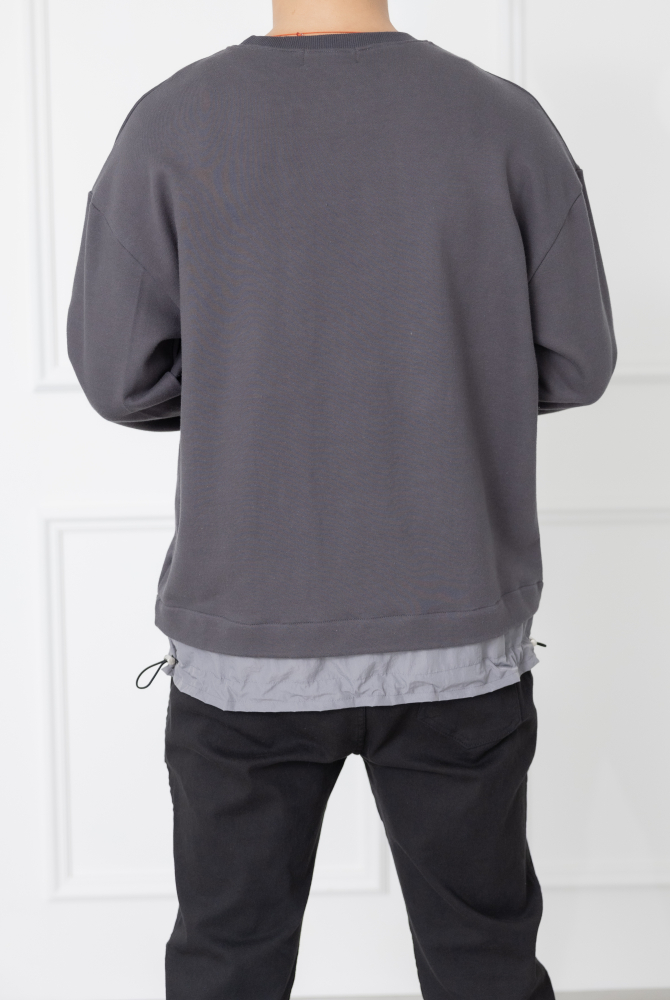 코트 下擺拼接圓領長袖上衣／灰色