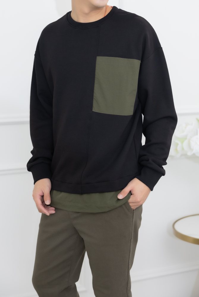 코트 下擺拼接圓領長袖上衣／黑色