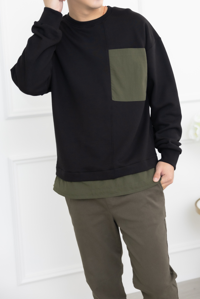 코트 下擺拼接圓領長袖上衣／黑色