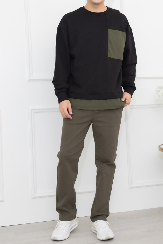 코트 下擺拼接圓領長袖上衣／黑色