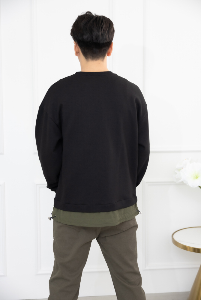 코트 下擺拼接圓領長袖上衣／黑色