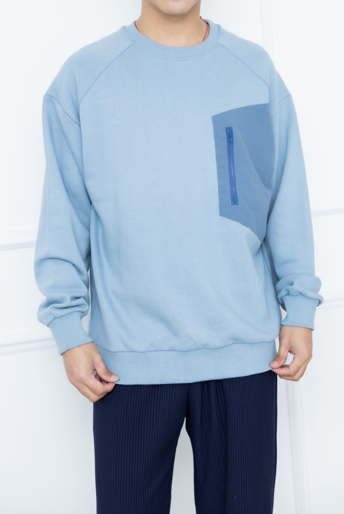 긴팔 胸前拉鍊口袋長袖上衣／藍色