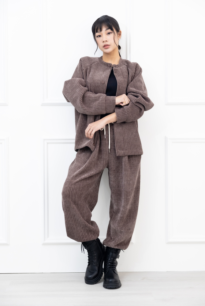 코트 編織圓領牛角袖外套／可可色