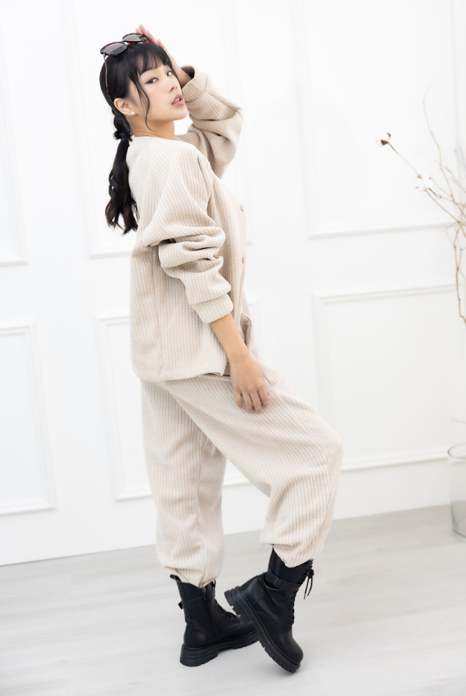 코트 編織圓領牛角袖外套／杏色