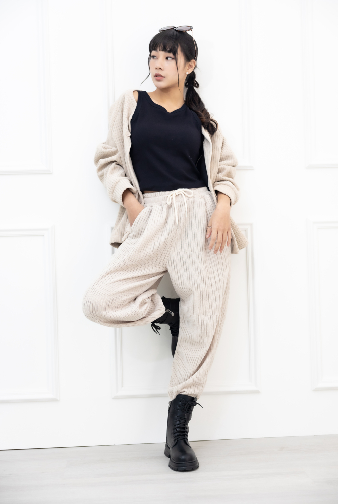 긴 바지 編織絨棉長褲／杏色