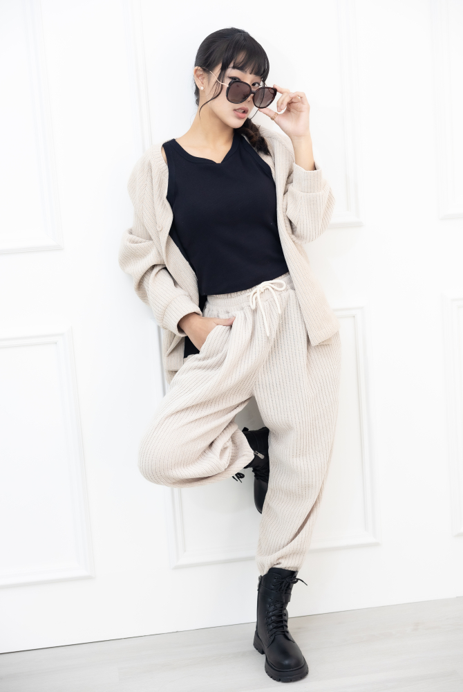 긴 바지 編織絨棉長褲／杏色