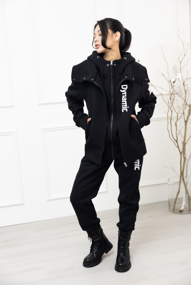 코트 雙層連帽保暖刷毛外套／黑色