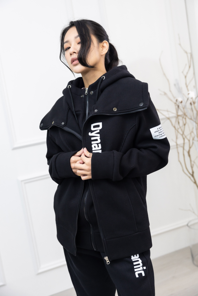 코트 雙層連帽保暖刷毛外套／黑色