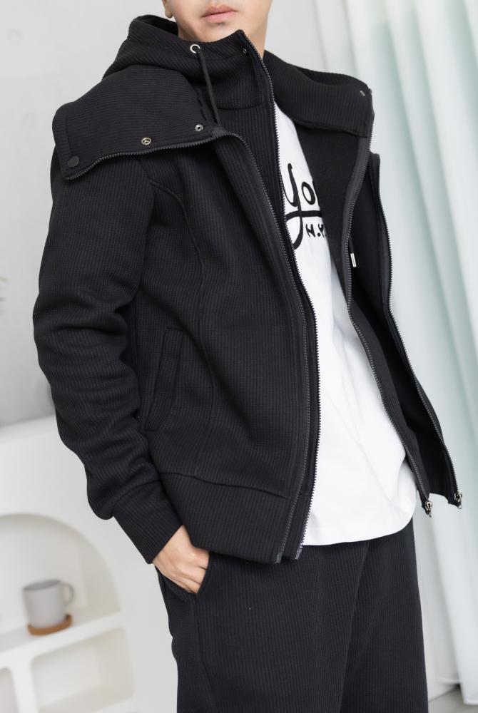 코트 雙層連帽保暖刷毛外套／黑色