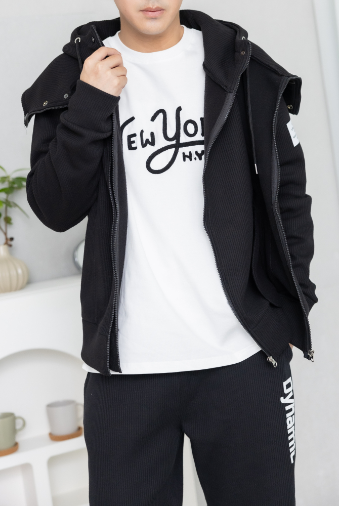 코트 雙層連帽保暖刷毛外套／黑色