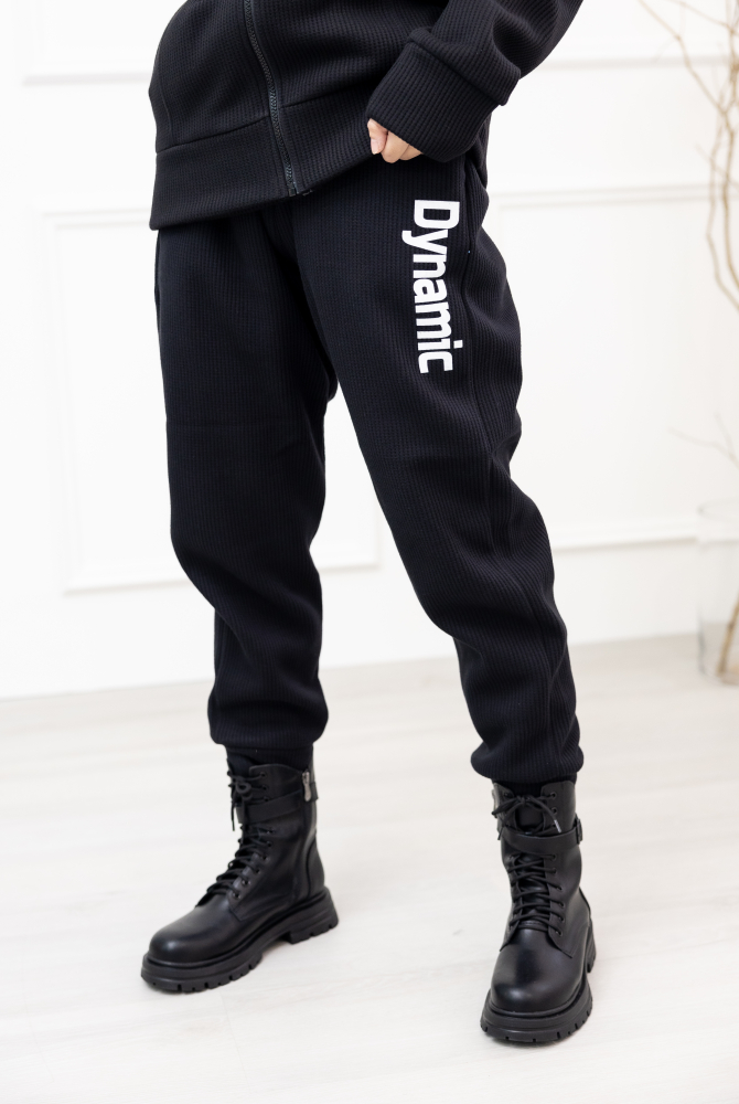 긴 바지 鬆緊內刷毛棉長褲／黑色