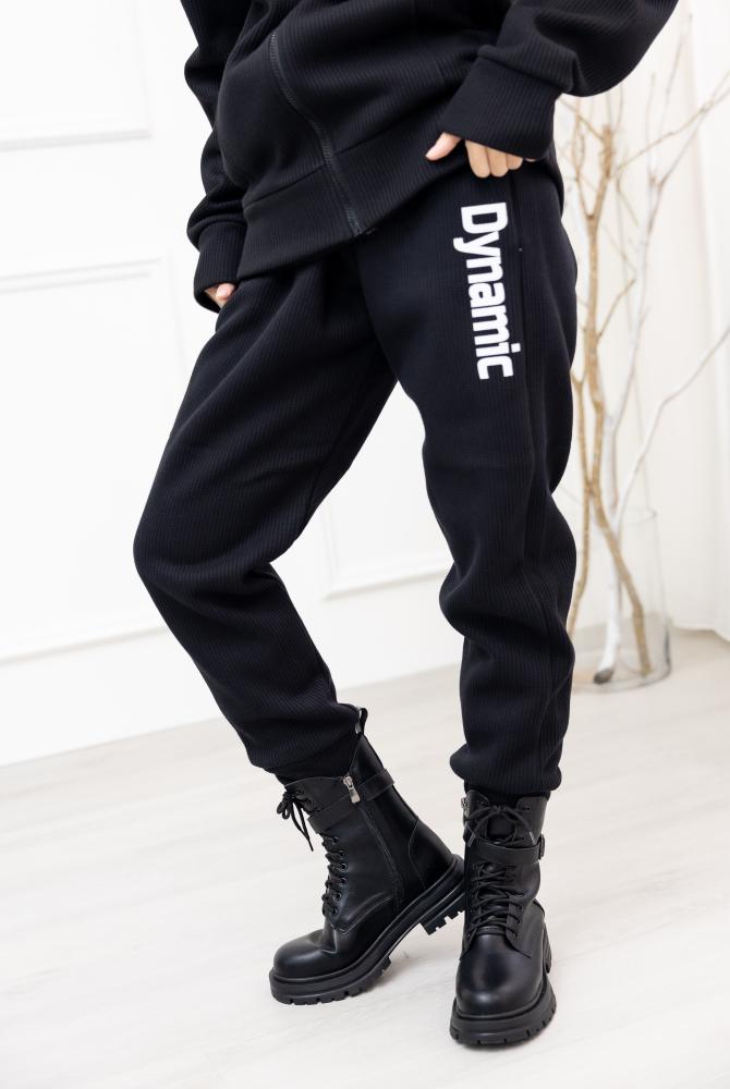 긴 바지 鬆緊內刷毛棉長褲／黑色