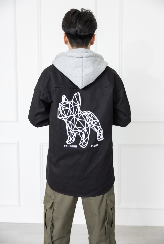 코트 幾何狗狗拼色連帽外套 / 黑色